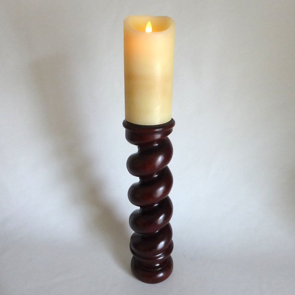 NEW VINTAGE 15” HAND CARVED SOLID WOOD SPIRAL TWIST CANDLE HOLDER + CANDLE